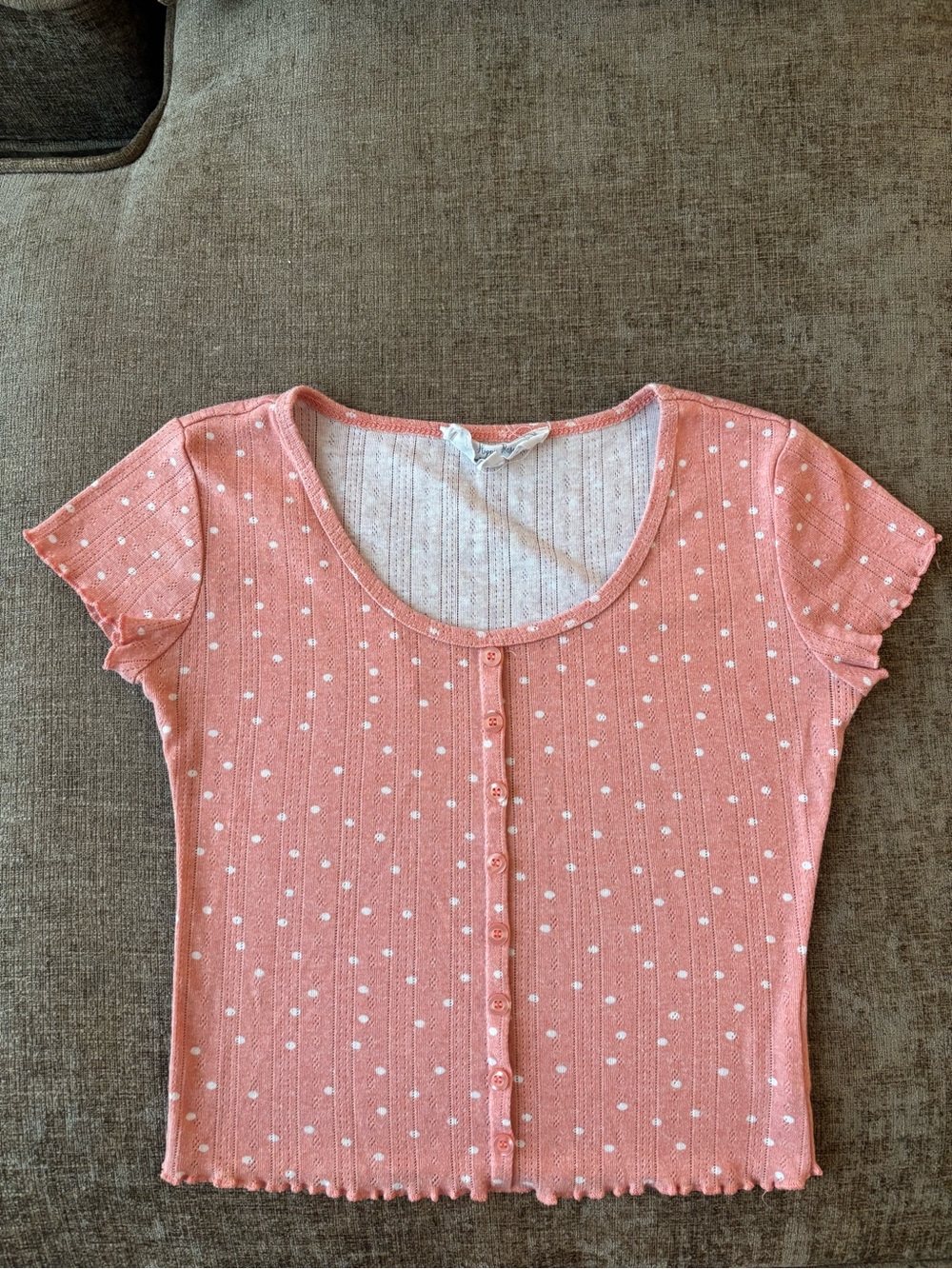 Hippie Rose Coral Pink Polka Dot Ribbed Button Crop Top